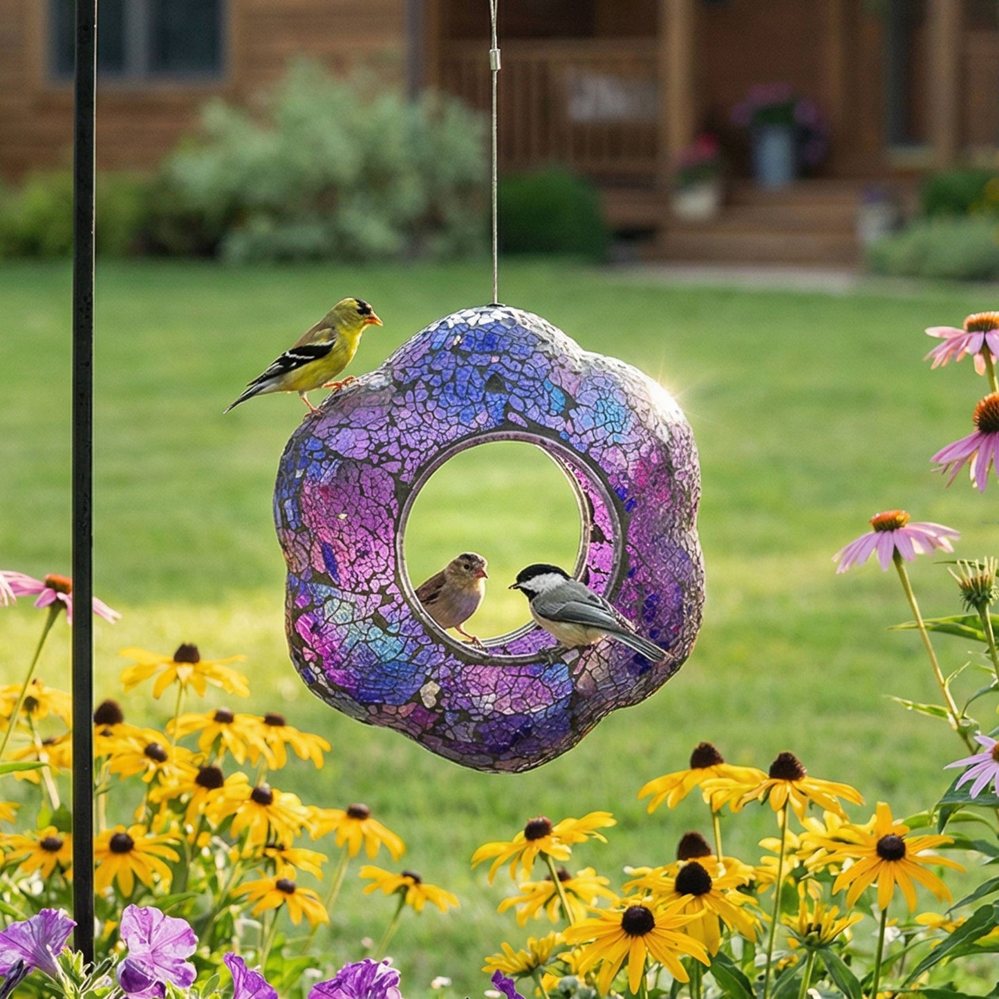 Purple Glass Flower Mosaic Fly-Through Hanging Bird Feeder