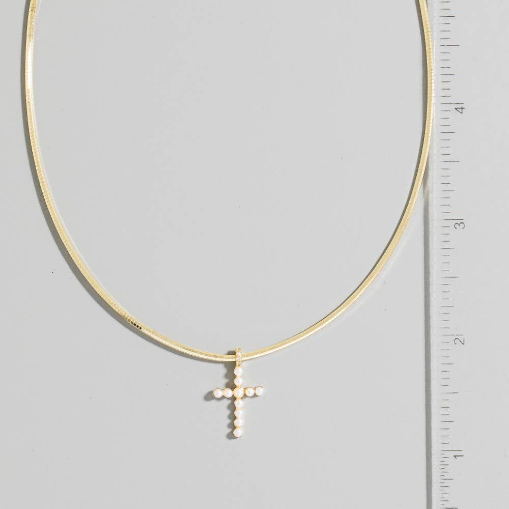 Gold Dipped Pearl Studded Cross Pendant Necklace