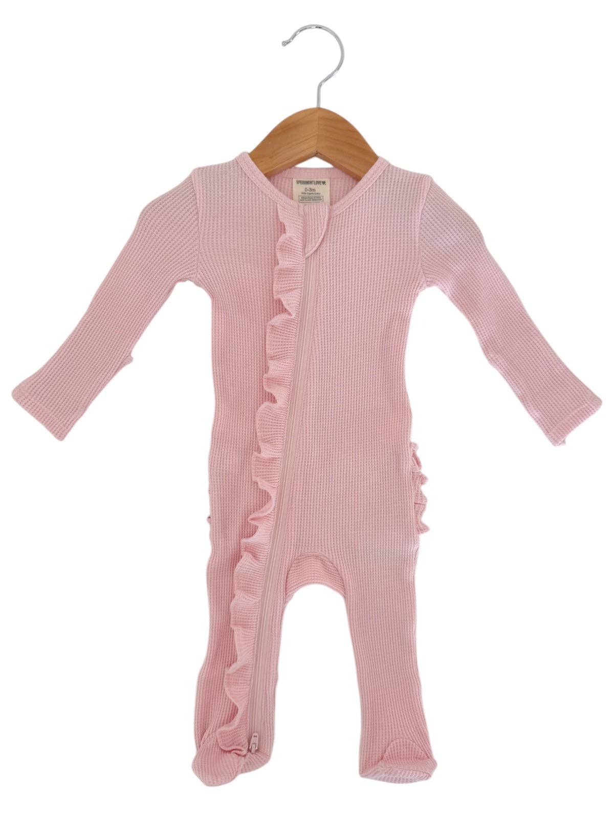 Organic Waffle 2-Way Zip Ruffle Footie, Blush