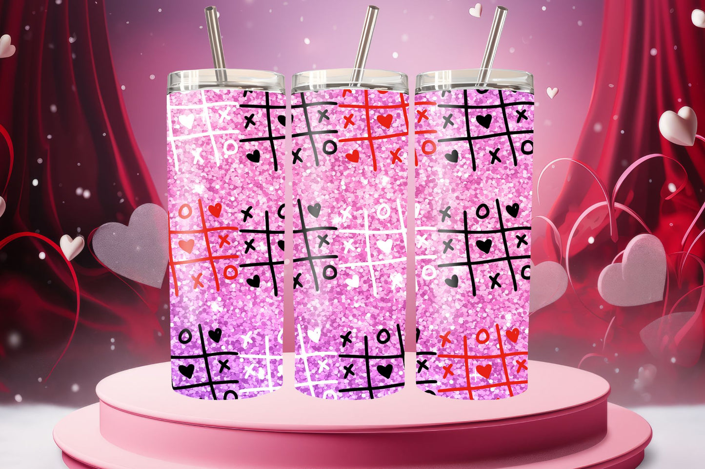 Pink Glitter Tic Tac Toe Valentine  20oz Skinny Tumbler