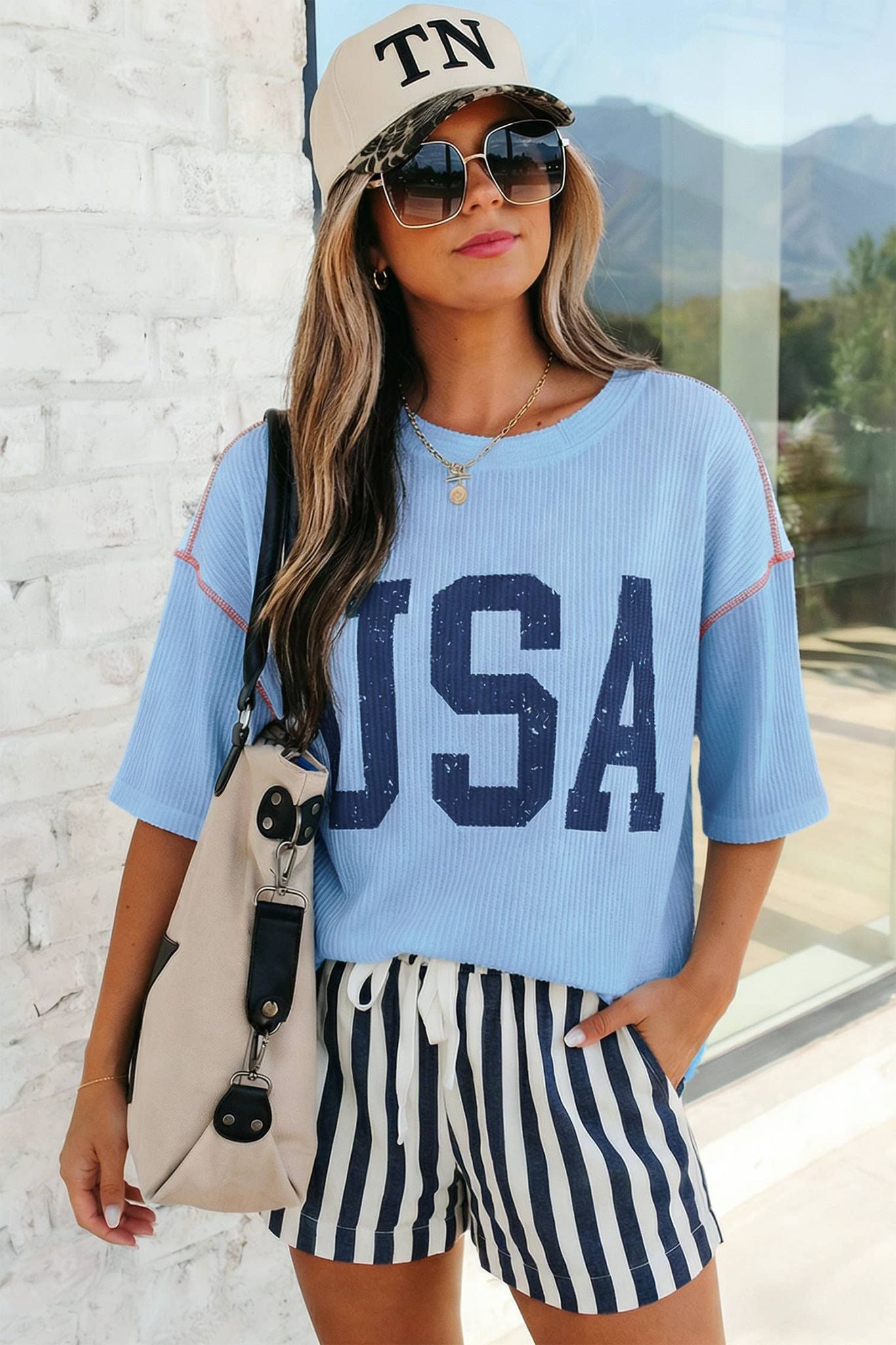 USA Graphic Half Sleeve Ribbed Top | S-XL Plus 1X-4X