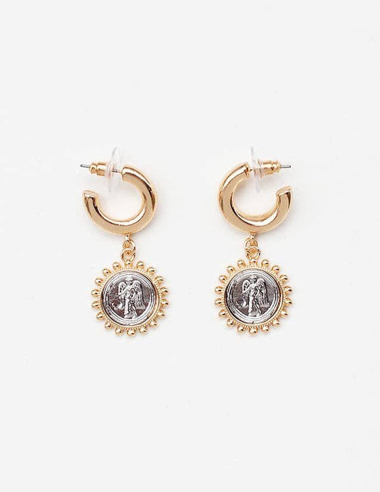 Gold Huggie Hoop with Silver Coin 1" Earring