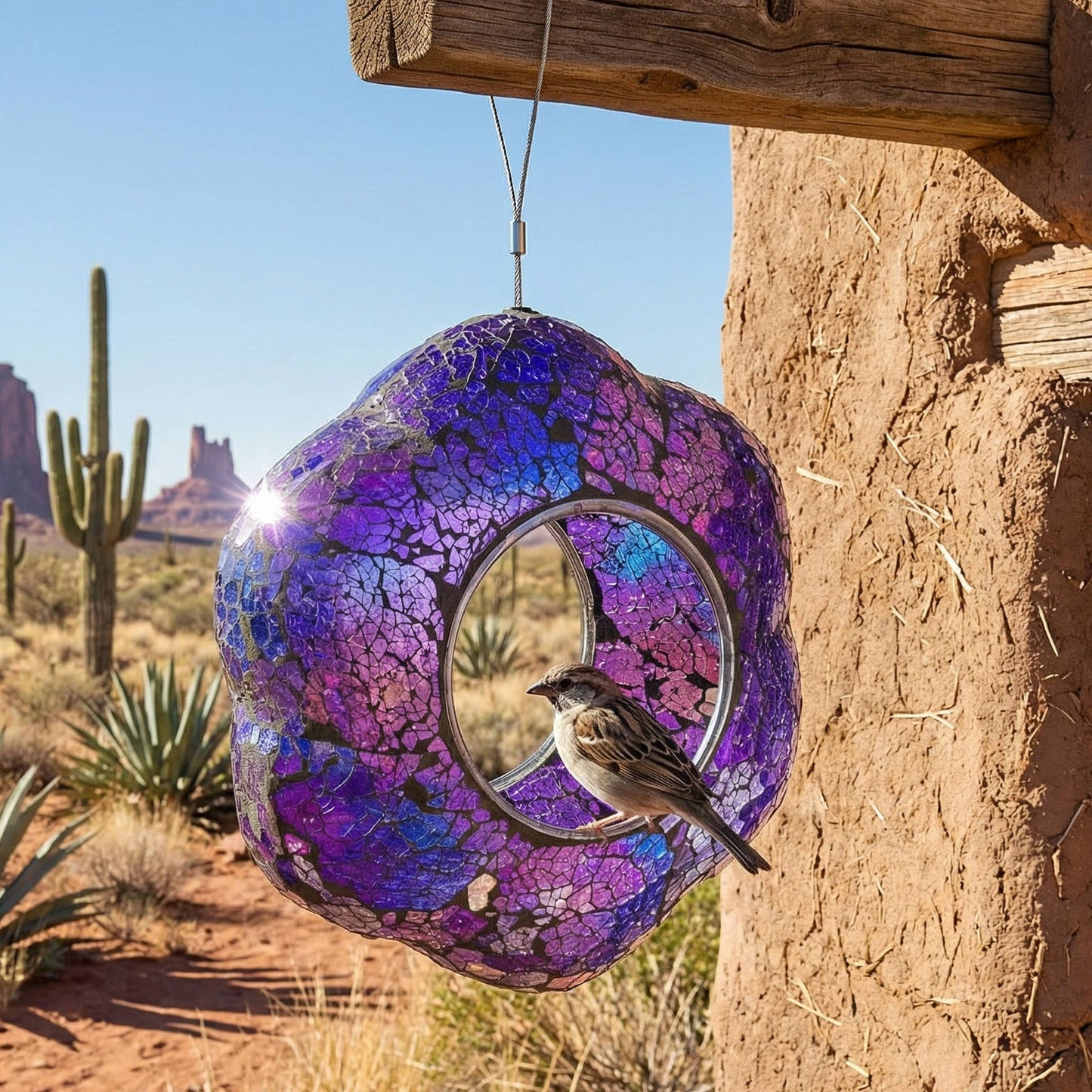 Purple Glass Flower Mosaic Fly-Through Hanging Bird Feeder