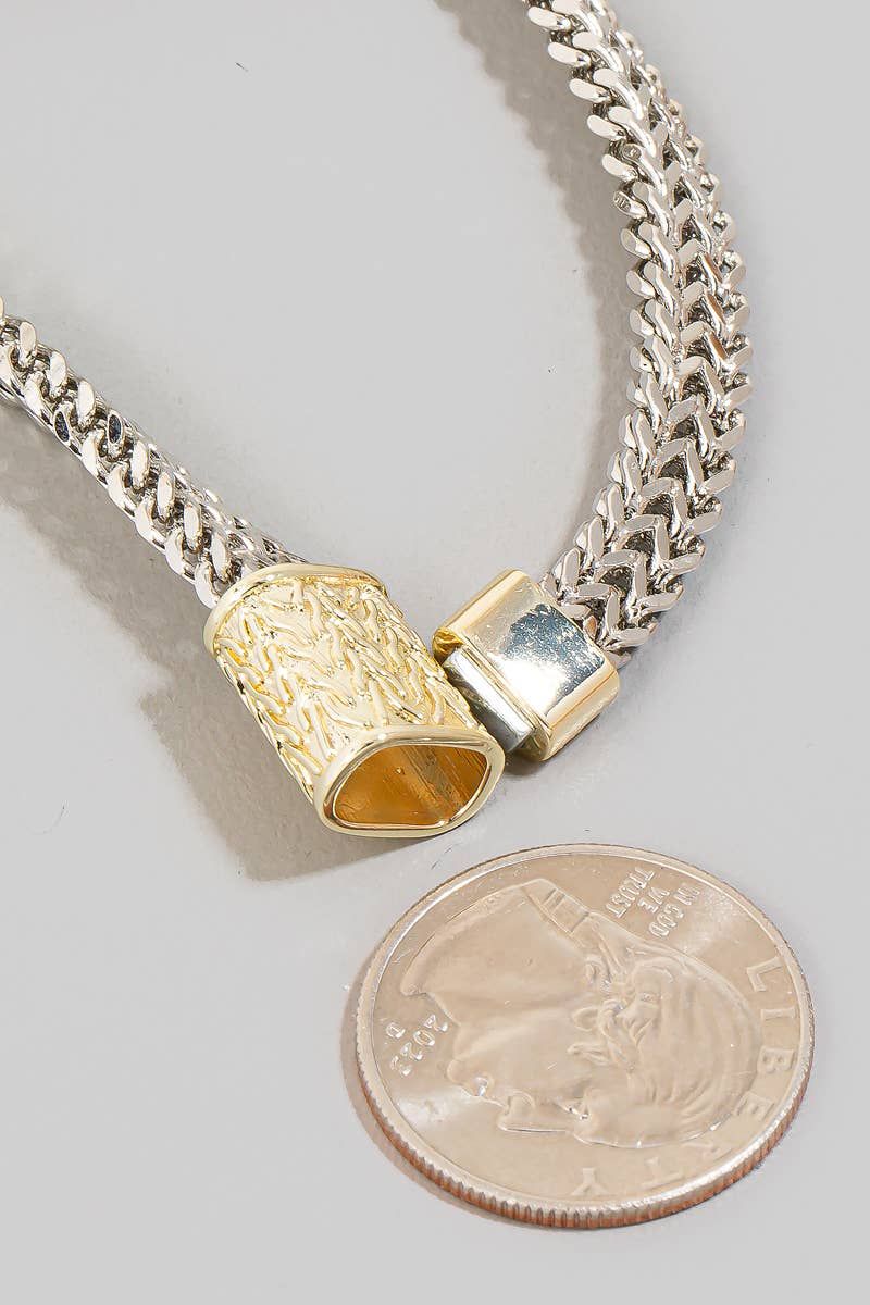 Cz Pave Bar 2 Tone Layered Chains Magnetic Bracelet