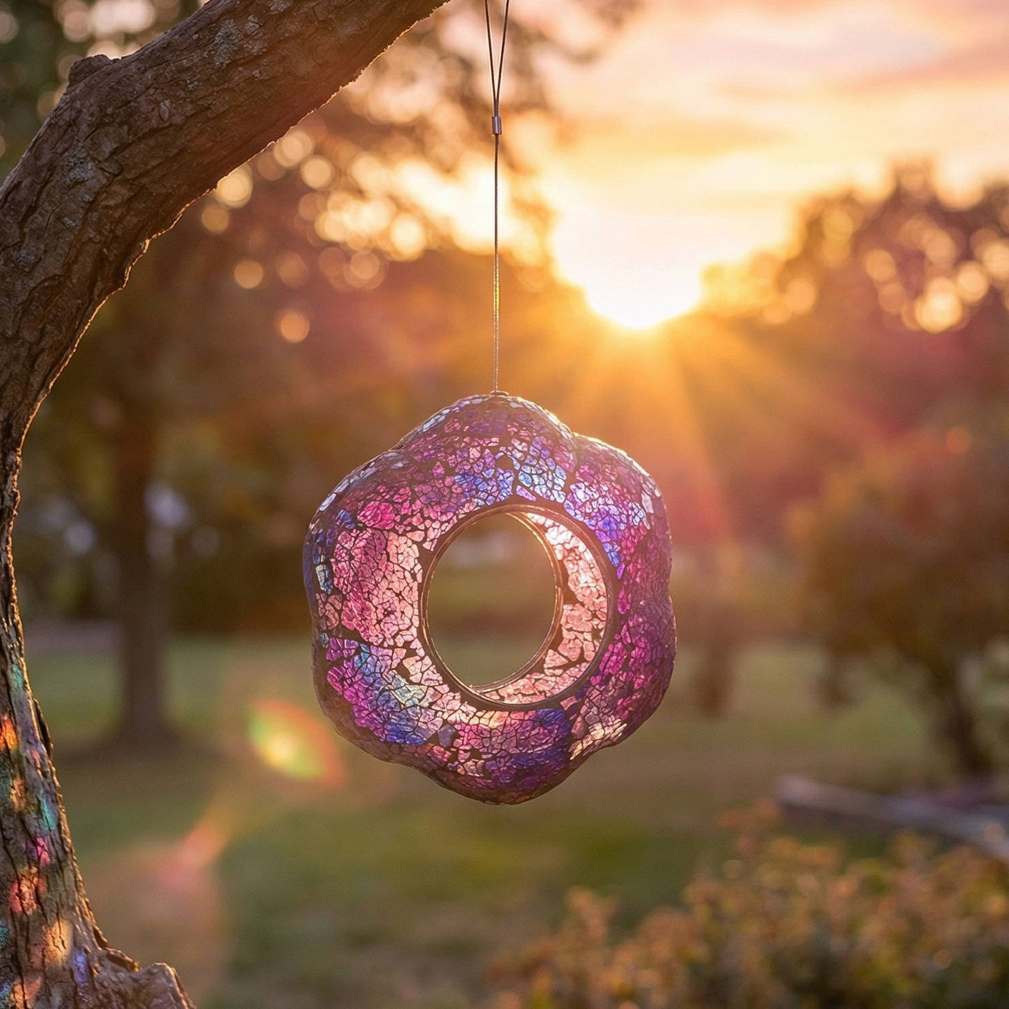 Purple Glass Flower Mosaic Fly-Through Hanging Bird Feeder
