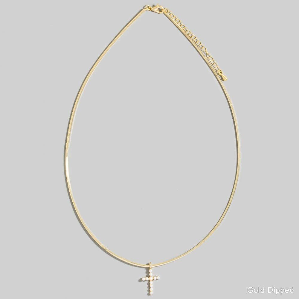 Gold Dipped Pearl Studded Cross Pendant Necklace