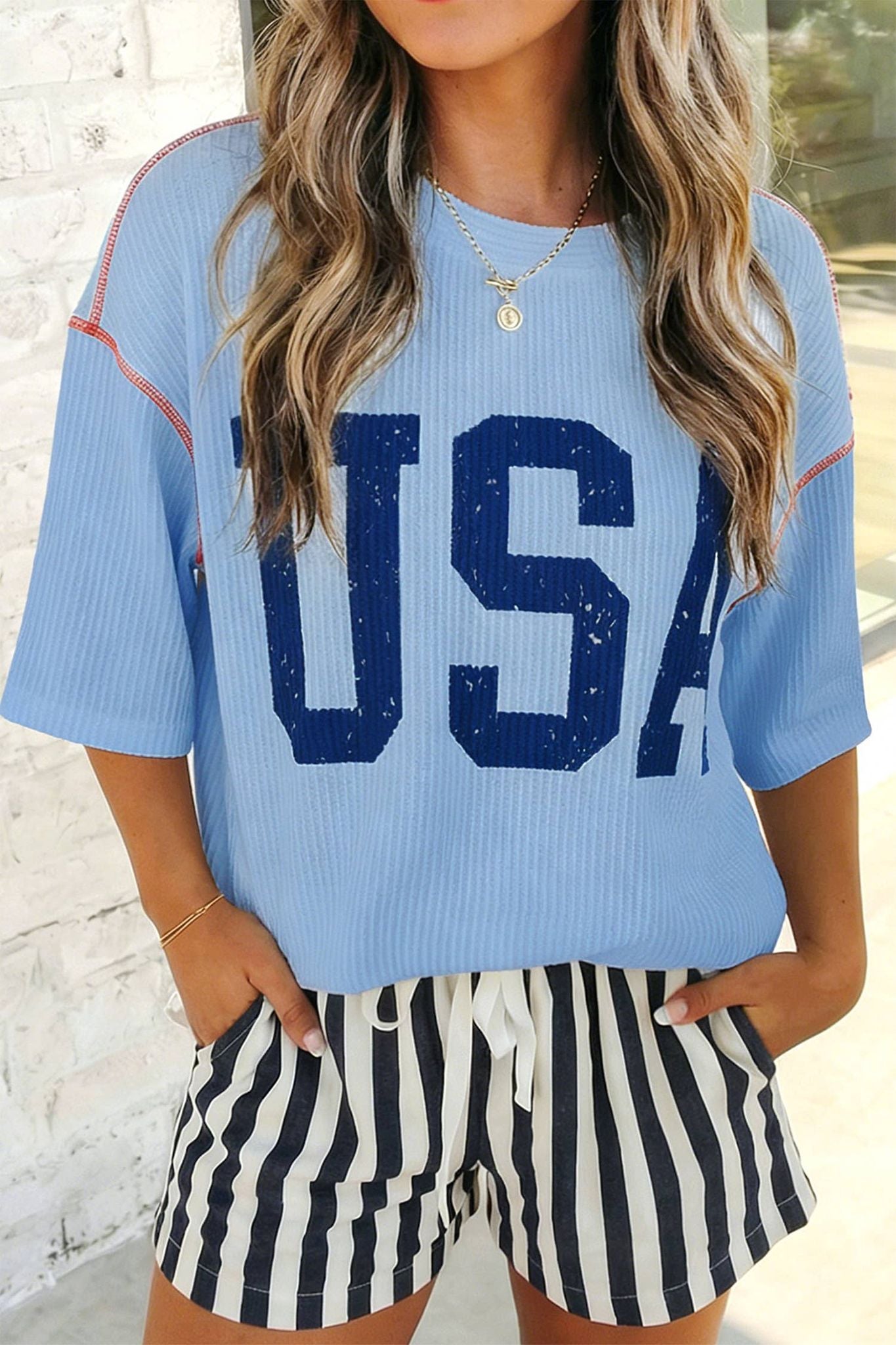USA Graphic Half Sleeve Ribbed Top | S-XL Plus 1X-4X