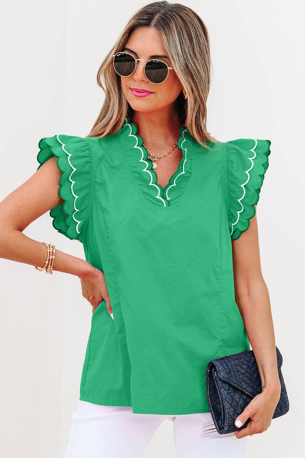 Contrast Scallop Trim Layered Short Sleeve Blouse | S-XL