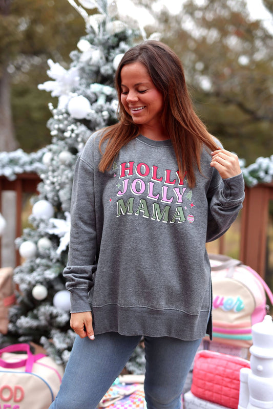 Holly Jolly Mama - Burnout Sweatshirt - Charcoal