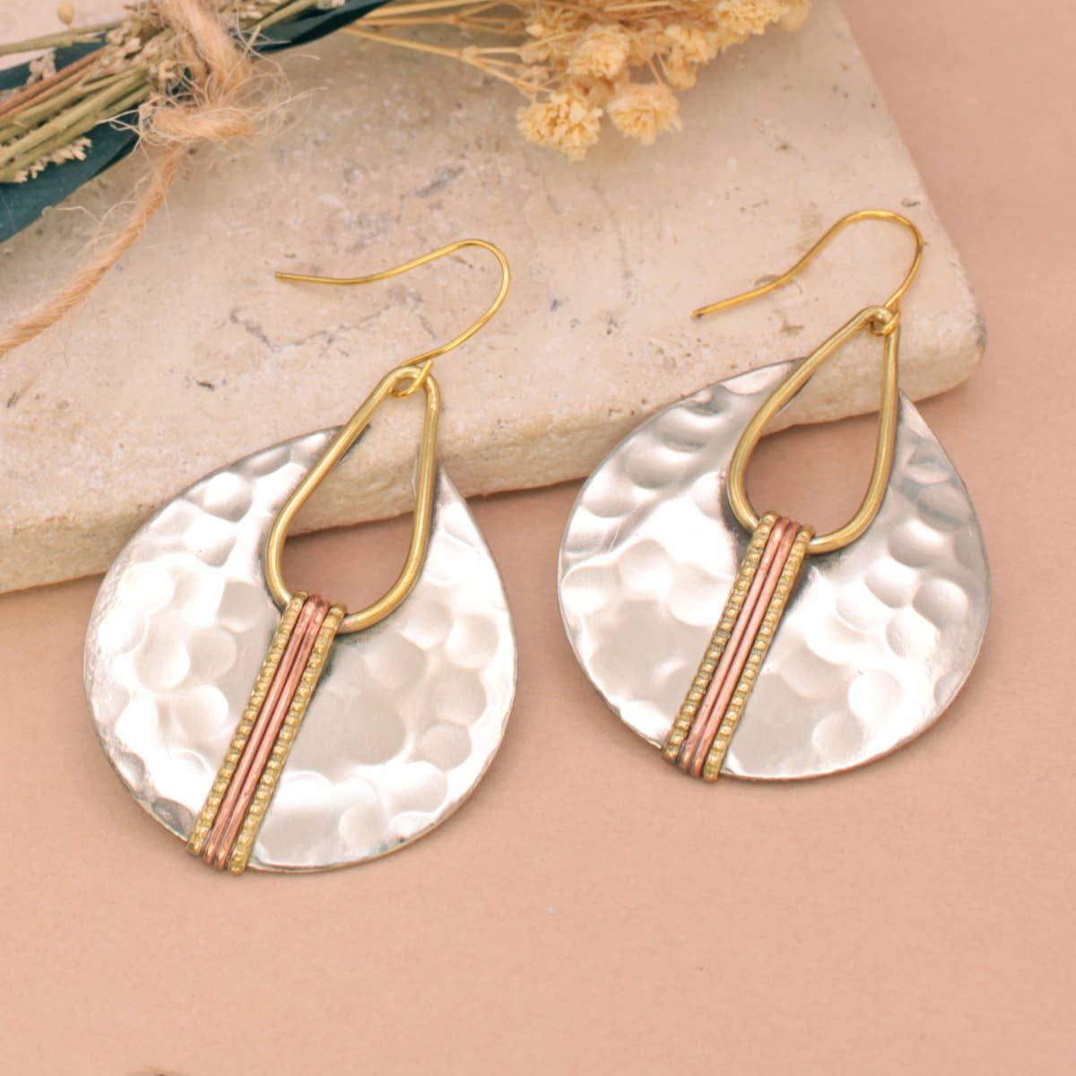 Mixed Metal Hammered Silver Teardrop Earring