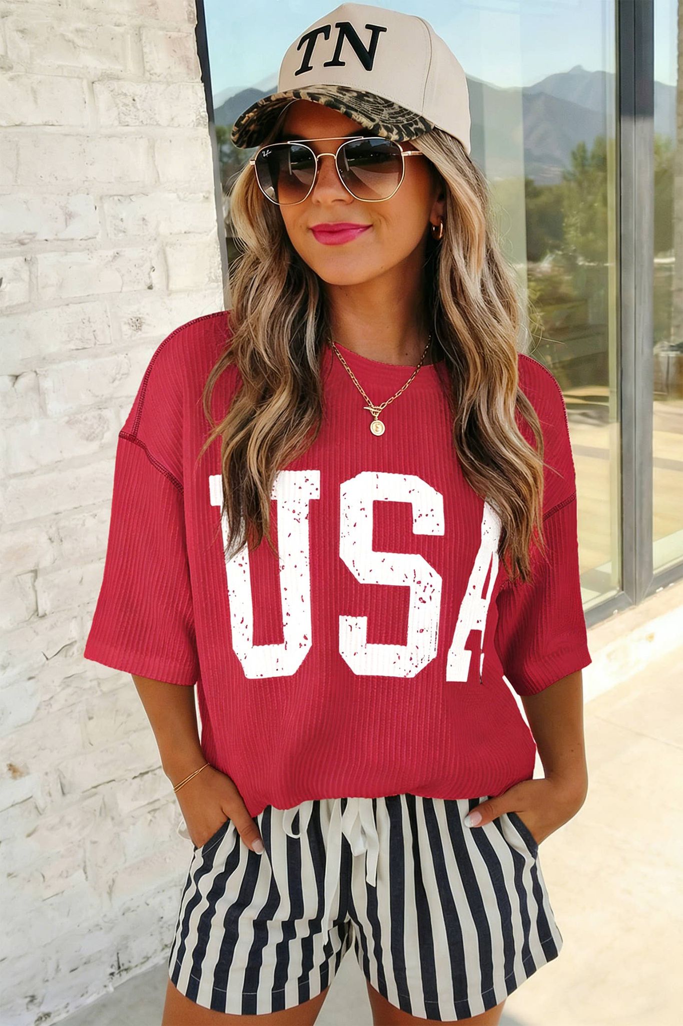 USA Graphic Half Sleeve Ribbed Top | S-XL Plus 1X-4X