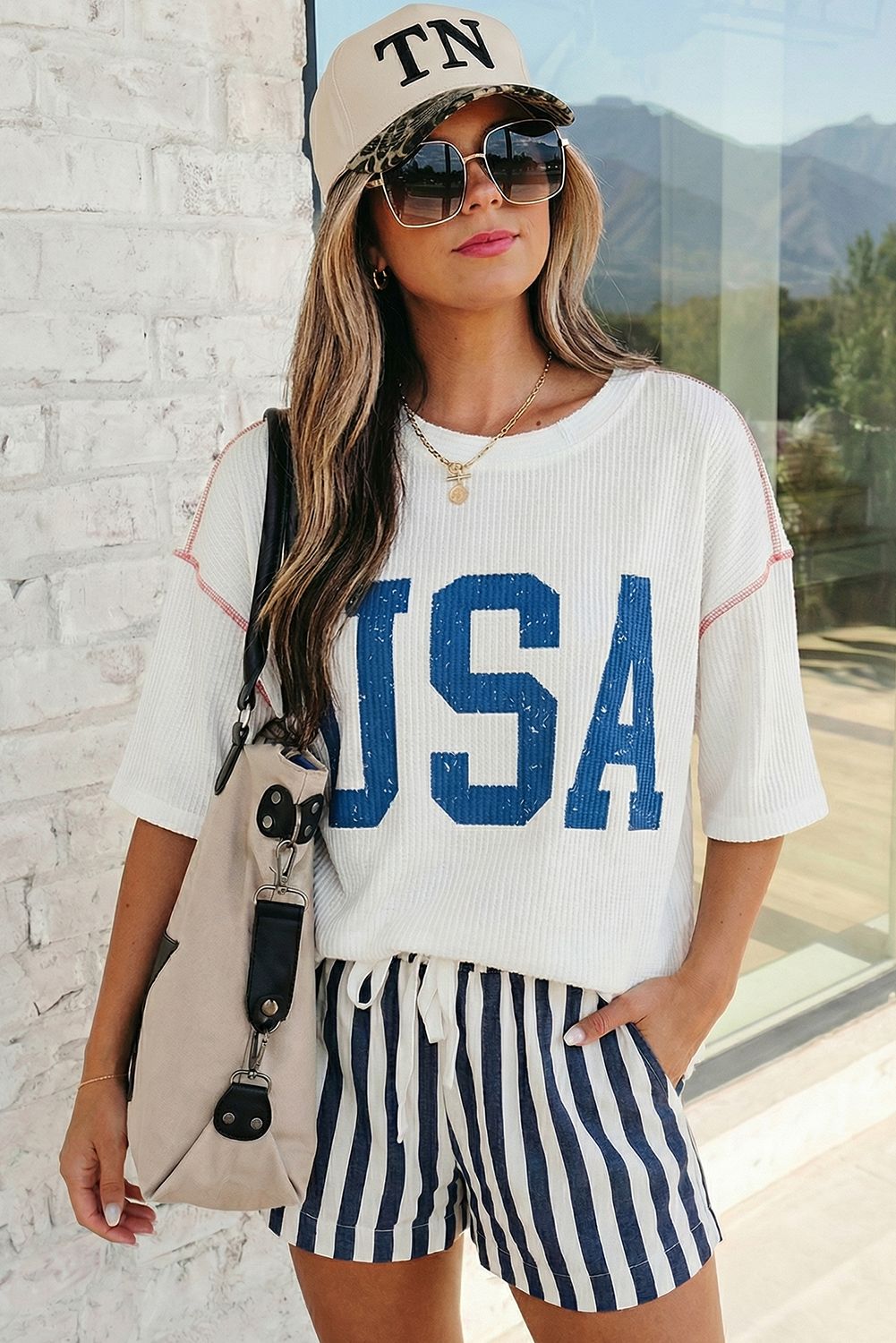 USA Graphic Half Sleeve Ribbed Top | S-XL Plus 1X-4X