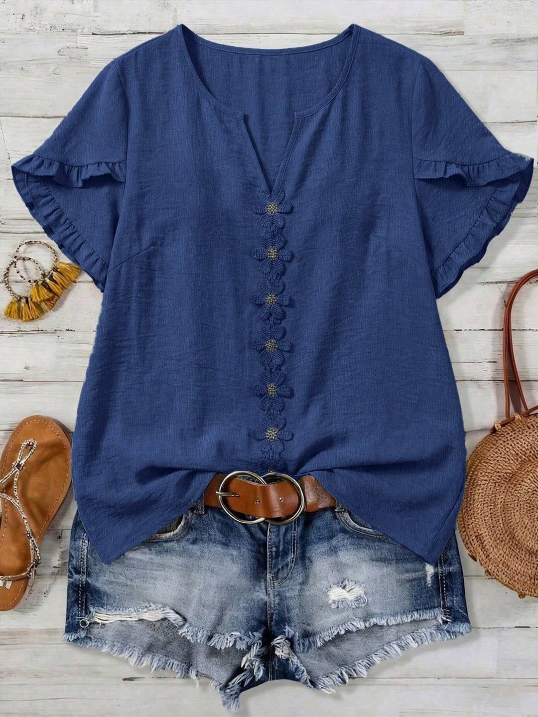 Boho Floral Embroidery V-Neck Ruffle Sleeves Shirt